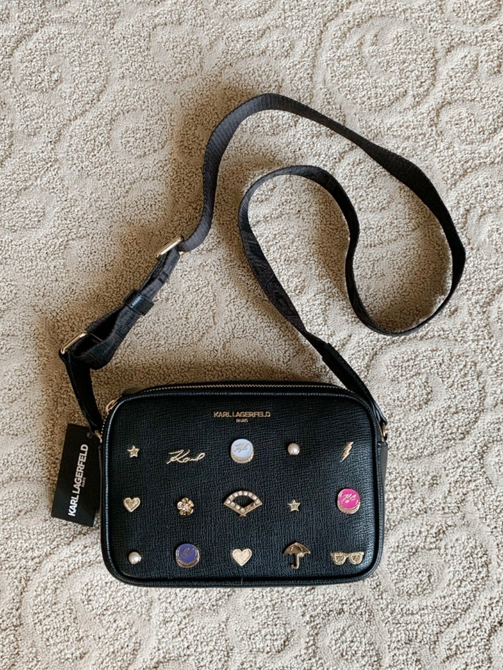 Karl Lagerfeld "Maybelle" Double Zip Pin-Charm Black Crossbody Bag: NWT